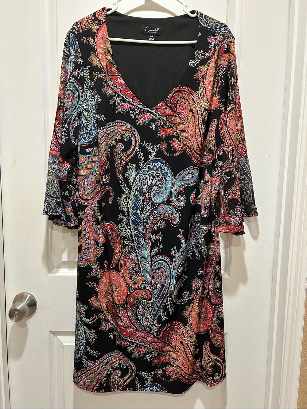 Connected Apparel Black Paisley V-Neck Midi Dress with Red and Blue Accents